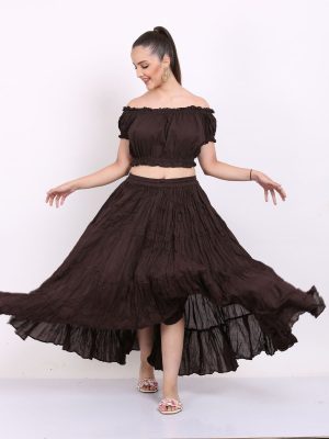 12 Yard Elastic Waist Boho Skirt Cotton Coffee Color
