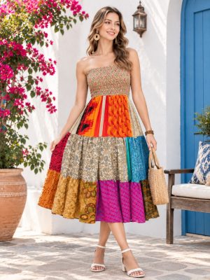 Womens Hippie Vintage Silk Patchwork Print Dress for Summer