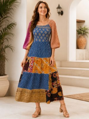 Handcrafted Cotton Kantha Patchwork Midi Dress