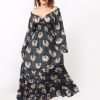 Women V-Neck Printed Dress Maxi with Sleeve