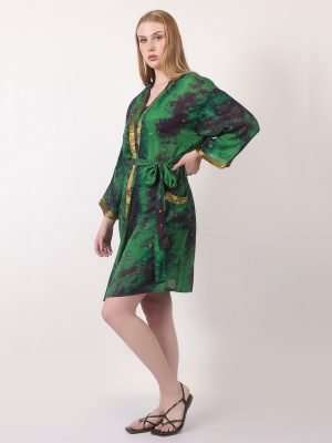 Silk Boho Tie Dye Sheer Dress Kimono Style