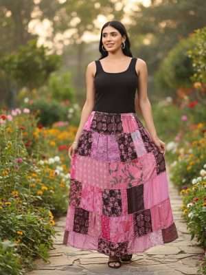 Woman in colorful patchwork skirt