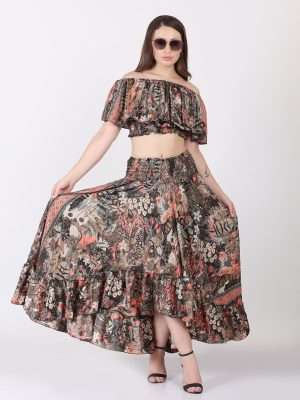 Women Printed Silk Two Piece Dress Top and Skirt Silk High Low Style