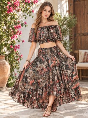 Women Printed Silk Two Piece Dress Top and Skirt Silk High Low Style