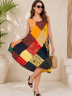 Women Summer Acidwash Patchwork Midi Dress Casual Wholesale Lot
