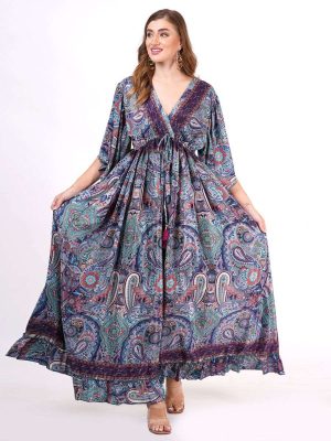Plus Size Women Long Sleeve Art Silk Slip Maxi Dress with Pocket