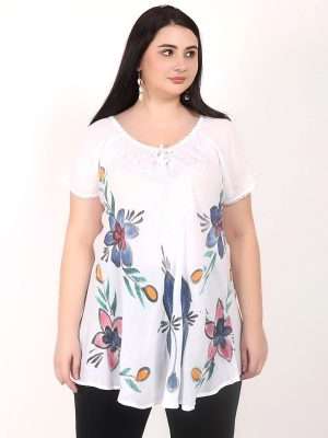 Short Sleeve Rayon Floral Blouses Flower Print Top