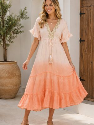 Lurex Lounge Dress V-Neck with Lace Up Tie and Tassel Details