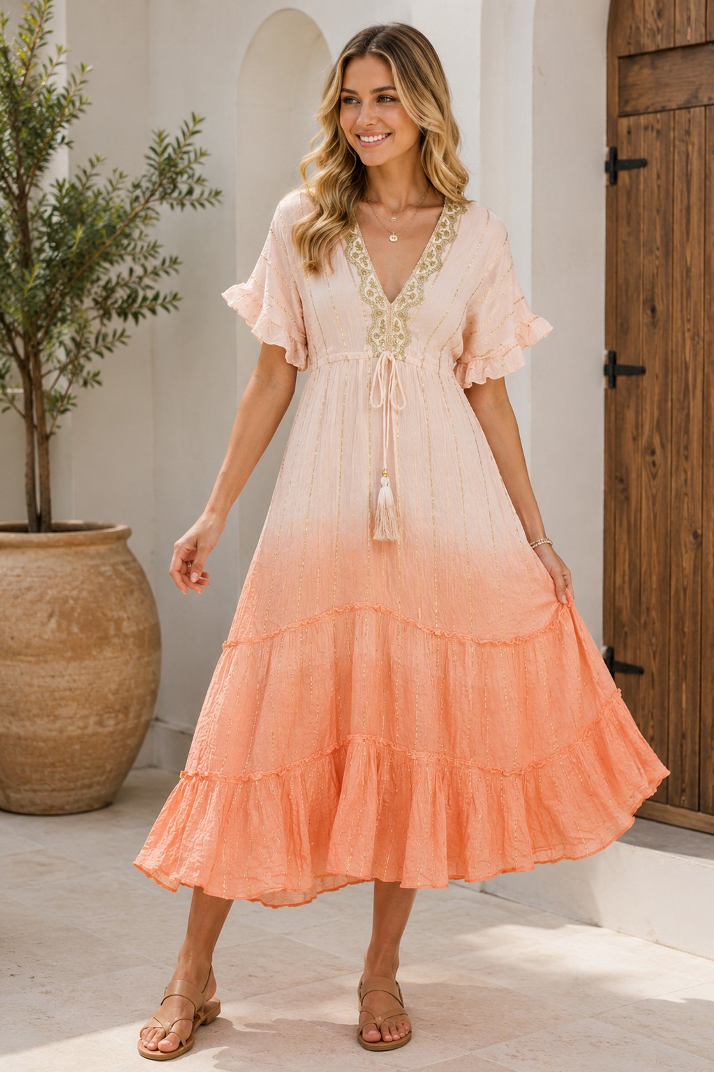 Lurex Lounge Dress V-Neck with Lace Up Tie and Tassel Details