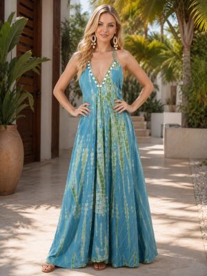 Lurex Maxi Gown Dress Tie Dye Halter Neck Pattern Wholesale