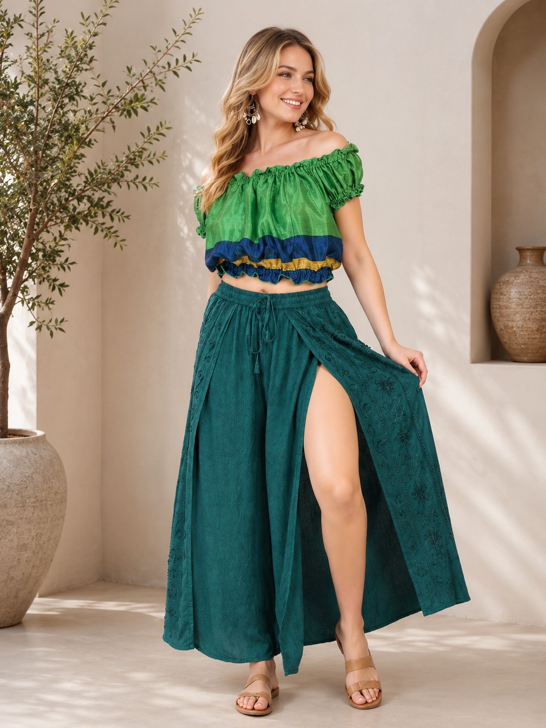 Wholesale Stonewash Front Slit Pants with Embroidery