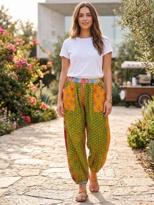 Women Vintage Reversible Kantha Pants with Pockets Wholesale