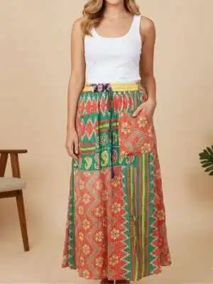Women Vintage Reversible Kantha Skirt with Pocket