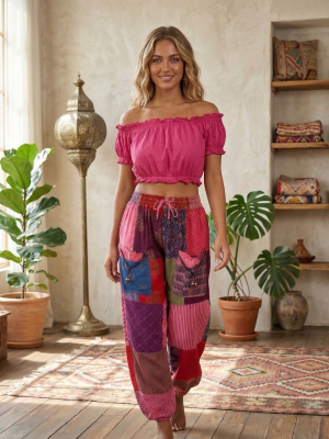 Multi Patchwork Elastic Waist Pants with Pocket for Women