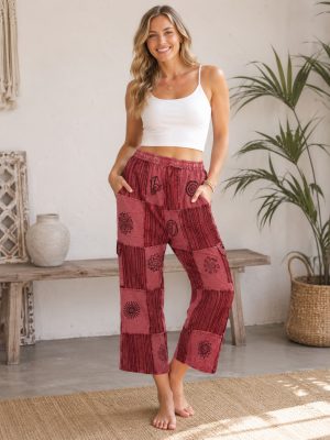 Patchwork Stonewash Cotton Harem-Style Pants with Pocket